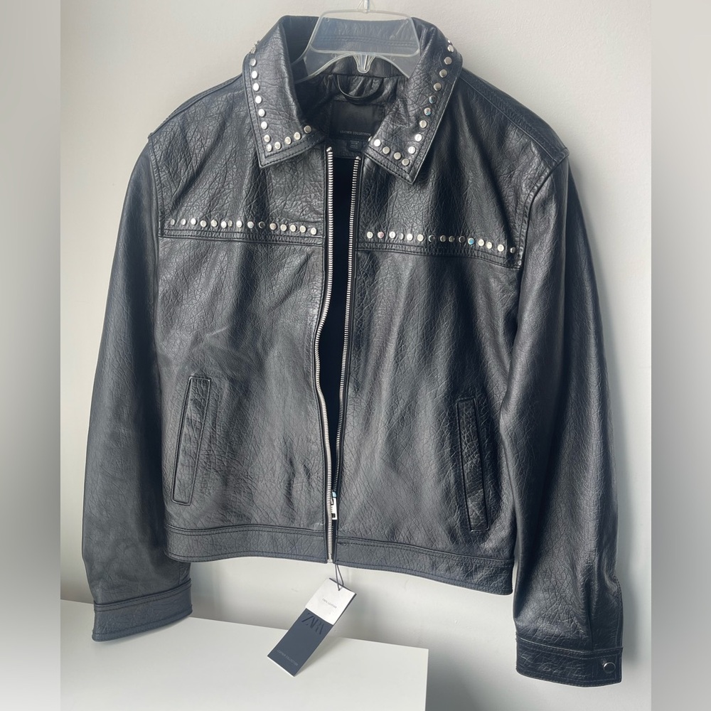 Zara Black Studded Leather Bomber Jacket